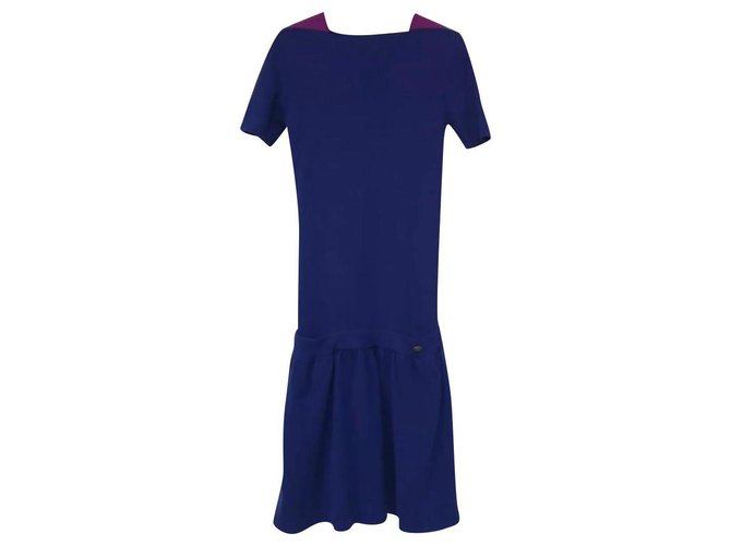 CHANEL Deep Slye Knitted Wool Dress Sz 36 Blue Cashmere  ref.229526