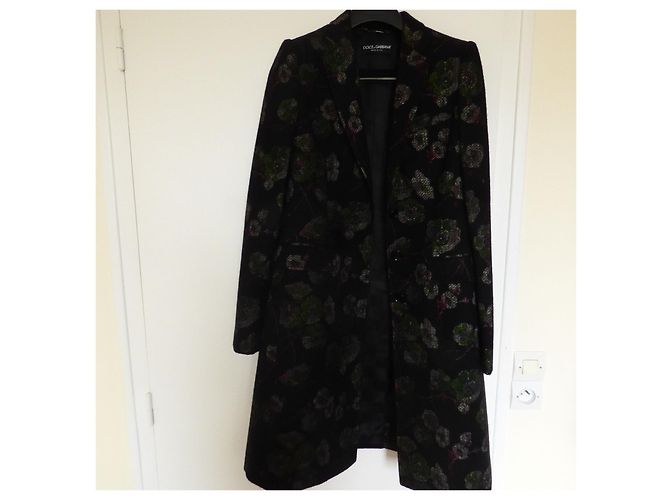 Dolce & Gabbana Wollmantel Schwarz mit Blumenmuster