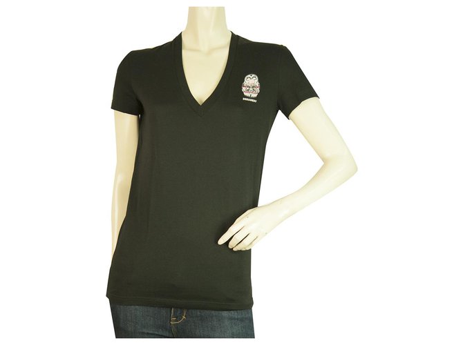 Dsquared2 D2 Schwarzes kurzärmliges T-Shirt mit V-Ausschnitt für Frauen - Größe S / 40 Baumwolle  ref.229840