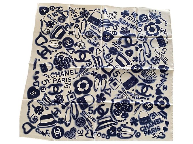 Foulard Chanel Bianco Blu Seta
