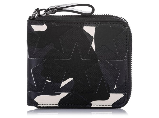 Petit portefeuille en toile Valentino Camo Star zippé noir Cuir Veau façon poulain Tissu Blanc  ref.230057