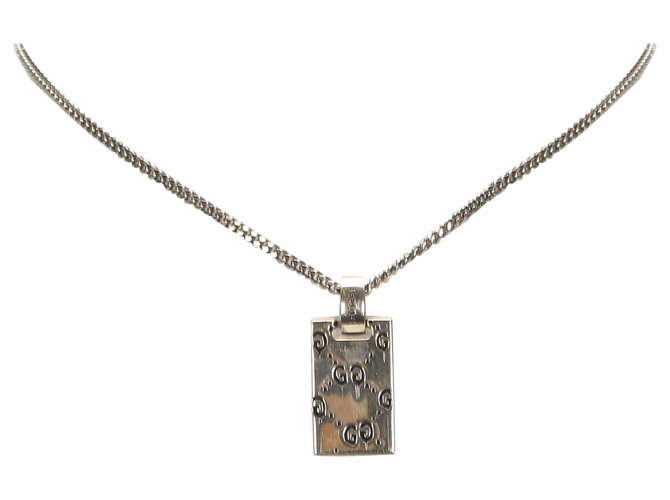 Gucci Silver Ghost Tag Pendant Necklace Silvery Metal  ref.230352