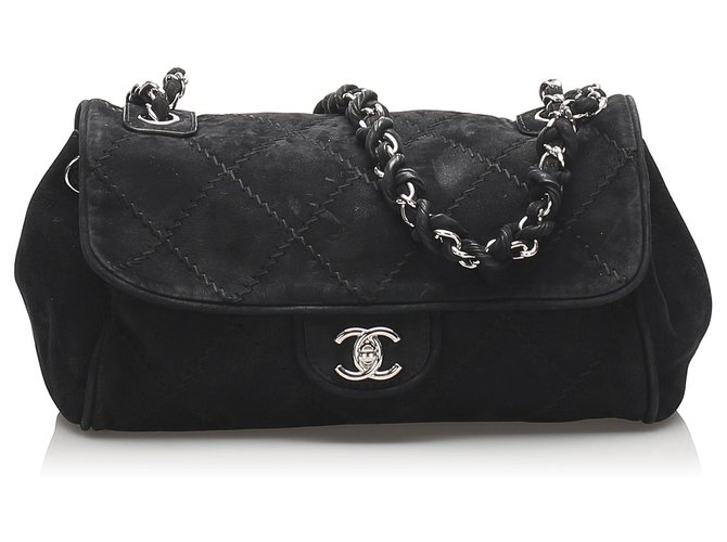 Bolso con solapa de gamuza negra Wild Stitch de Chanel Negro Suecia Cuero  ref.230361