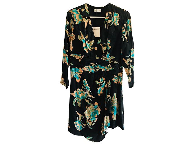 Sandro Bruni Kleid Schwarz mit Blumenmuster V Ausschnitt Mehrfarben