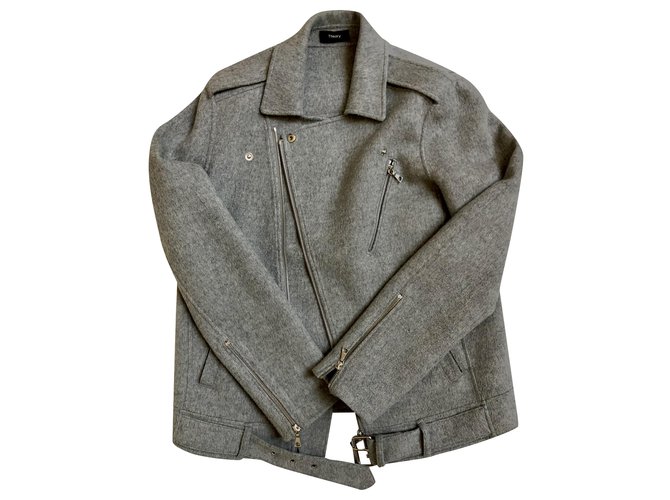 Theory lined-face wool and cashmere-blend biker jacket Tralsmin Grey Viscose Lambskin  ref.230444