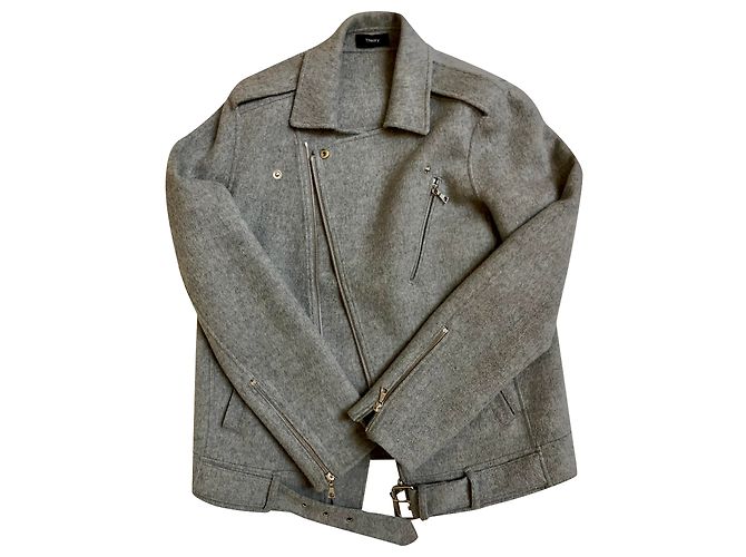 Theory lined-face wool and cashmere-blend biker jacket Tralsmin Grey