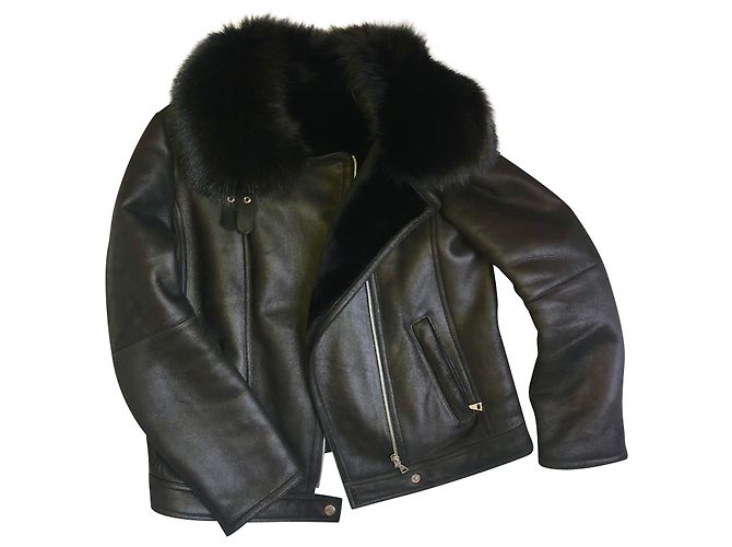 Theory Black Lambskin Biker Jacket with Blue Fox Collar