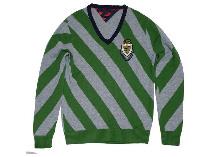 Tommy Hilfiger Wollpullover grün grau gestreift