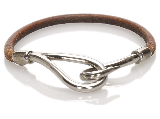 Hermès Hermes Brown Jumbo Hook Leather Bracelet Silvery Metal Pony-style calfskin  ref.230801