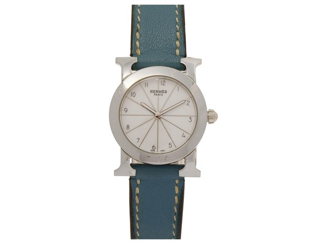 Hermès Hermes Silver H Rondo Watch HR1.210 Prata Azul Couro Aço Metal Bezerro-como bezerro  ref.230808