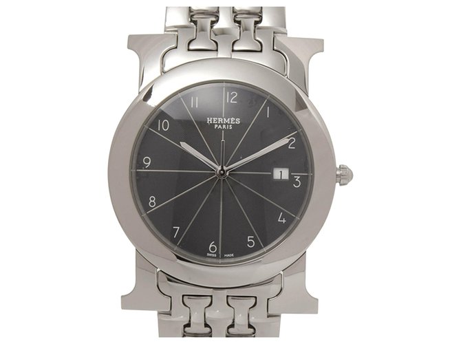 Hermès Reloj Hermes Silver H Rondo HR1.710 Negro Plata Acero Metal  ref.230819