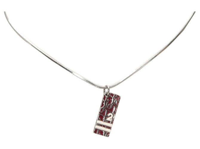 Dior Red Dior Schräge Traber Anhänger Halskette Silber Rot Metall  ref.231448