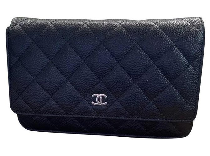 Wallet On Chain Portefeuille matelassé Chanel sur chaîne WOC Black Caviar Silver Hardware Cuir Noir  ref.231474