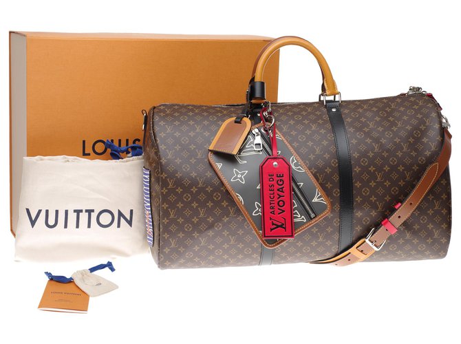 Travel bag -Louis Vuitton - NEW - Ultra limited series men's fashion shows 2020: Keepall 50 "Patchwork" shoulder strap Brown Leather Cloth  ref.231475