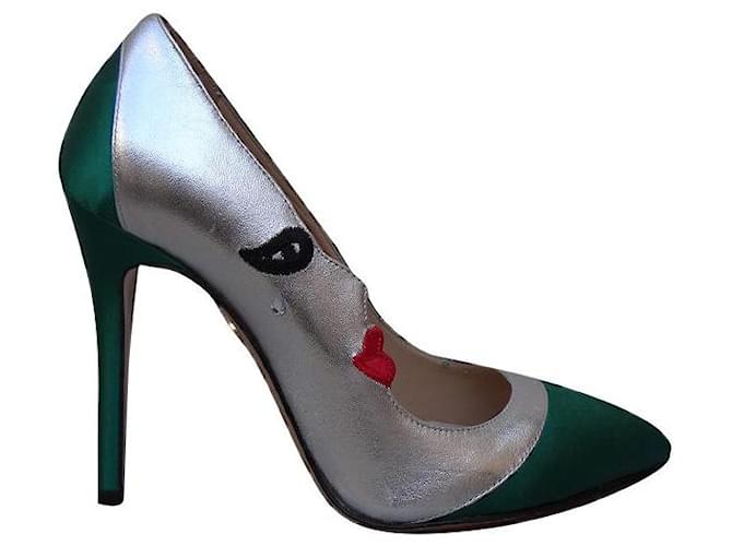 Charlotte Olympia Heels Silvery Green Leather Cloth  ref.231502