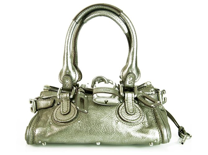Chloé CHLOE mini Paddington Dark Silver Pebbled Leather Iconic Satchel Handbag Silvery Silver hardware  ref.231515