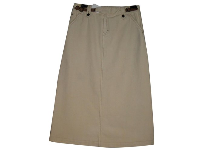 Long midi A-line skirt Ralph Lauren Cream Leather Cotton Elastane  ref.231559