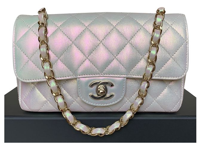 Chanel Iridescente Ivory Classic Mini Aba Simples Acolchoada Branco