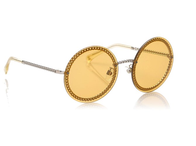 Occhiali da sole tondi colorati Chanel con catena gialla Argento Giallo Metallo Plastica  ref.232038