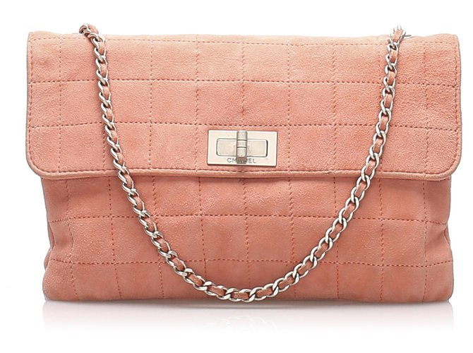 Bolsa com aba de camurça Chanel Pink Choco Bar Rosa Suécia Couro Metal  ref.232081