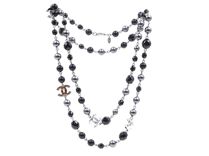 Chanel Brand New Silver CC Black Crystal Geo Black Bead Necklace
