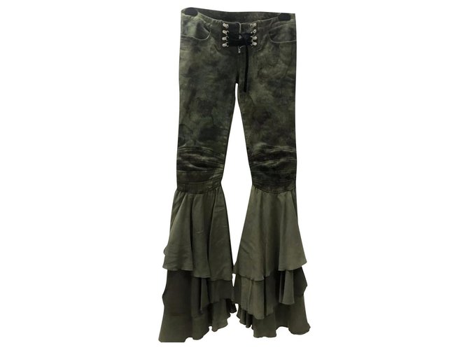 BALMAIN  $1750 skinny bellbottom camo pants runway lace-up biker jeans Green Cotton  ref.232274