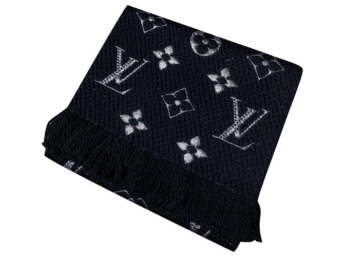Sciarpa Louis Vuitton Logomania Shine nera Schwarz Seide Polyester Wolle  ref.232558