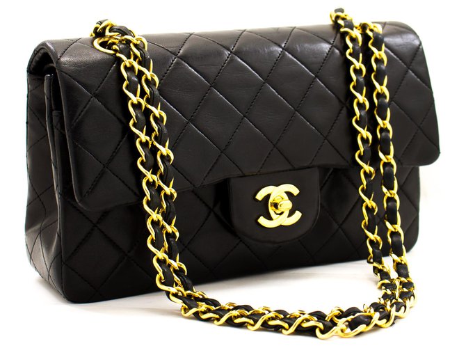 Chanel 2.55 lined flap 9" Chain Shoulder Bag Black Lambskin Purse Leather  ref.232665