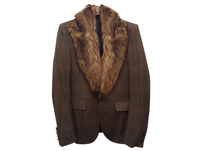 Gucci jacket in tweed and wolf collar Brown Fur  ref.232676