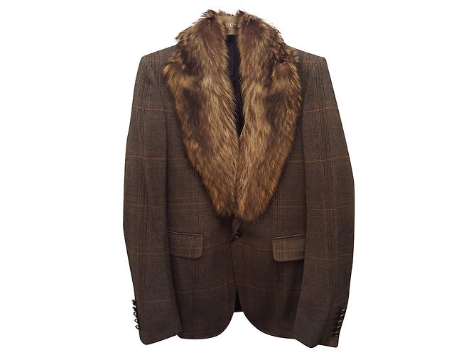 Gucci jacket in tweed and wolf collar Brown