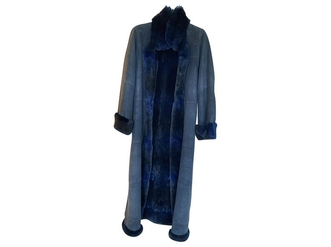 Autre Marque Long reversible coat in suede and orylag Navy blue Rabbit Deerskin  ref.232680