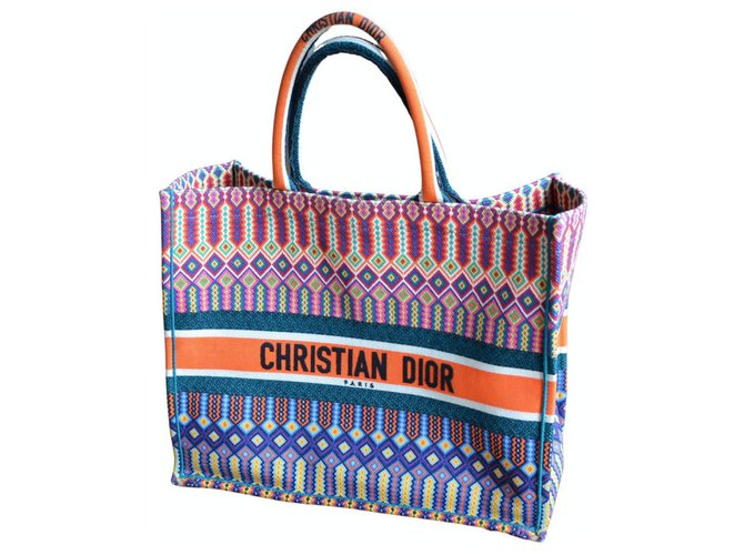 Christian Dior bestickte mexikanische Büchertasche Schwarz Pink Weiß Rot Blau Grün Orange Lila Gelb Leinwand  ref.232832