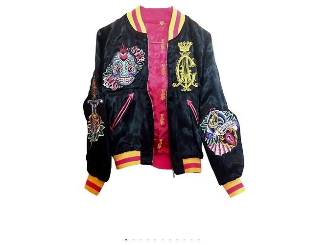 Autre Marque Giacca bomber in raso con zip Christian Audigier Nera Nero