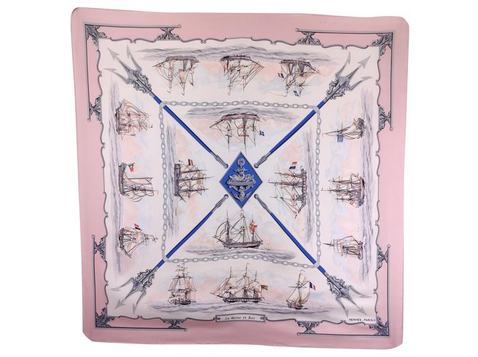 Hermès Wooden navy, collector and vintage. Pink White Silk  ref.233025