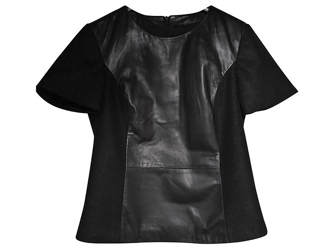 Massimo Dutti Black Leather and Wool Short Sleeve Top