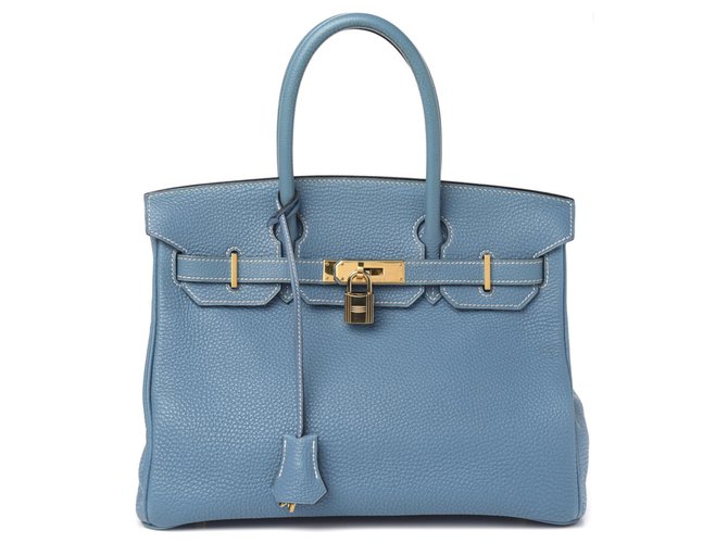 Hermès HERMES BIRKIN 30 Bolsa de couro Blue Jean Taurillon Clemence Azul claro  ref.233473