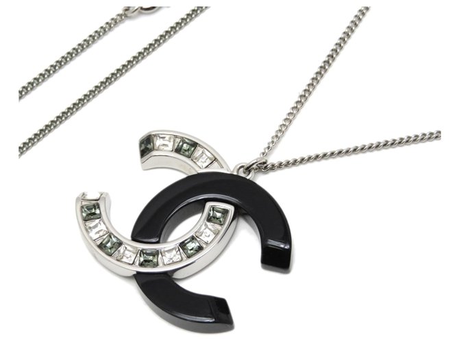 Chanel Silver CC Rhinestone Pendant Necklace Black Silvery Metal  ref.233685