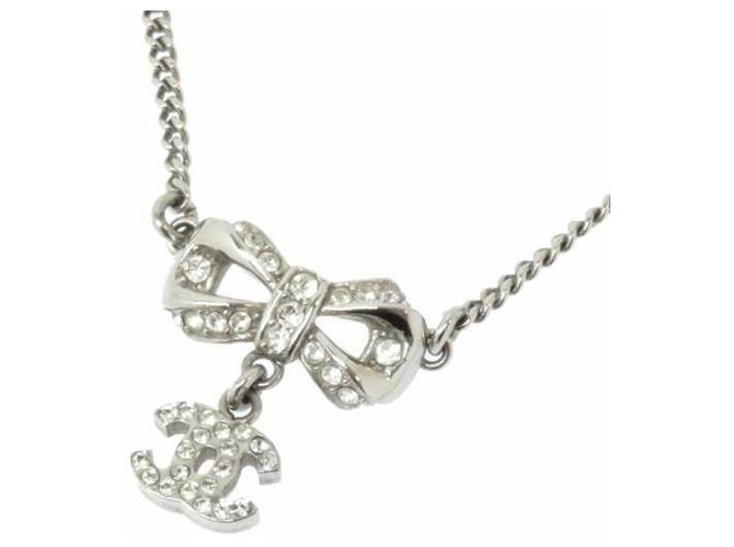 Chanel Silver CC Ribbon Rhinestone Pendant Necklace Silvery Metal  ref.233708