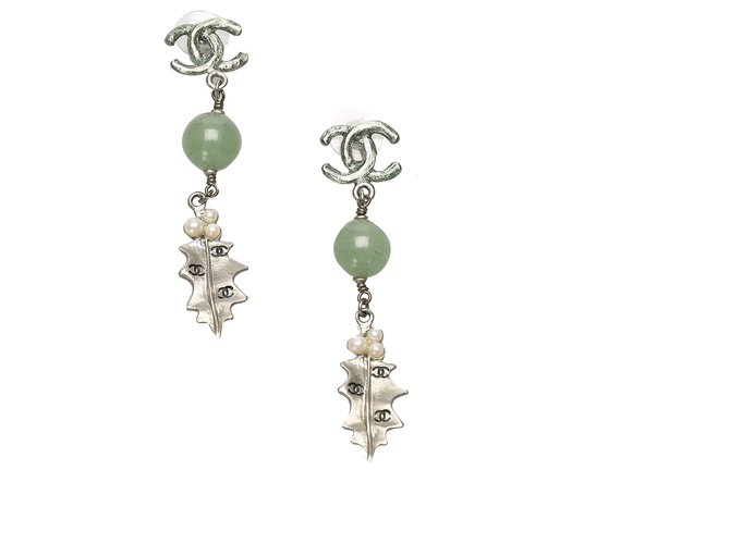 Chanel Silver CC Leaf Drop Earrings Silvery Green Metal Plastic  ref.233775