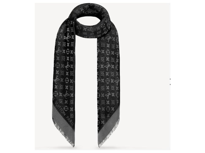 Louis Vuitton METRO75123  Scialle Monogram Shine Negro Seda Lana  ref.234046