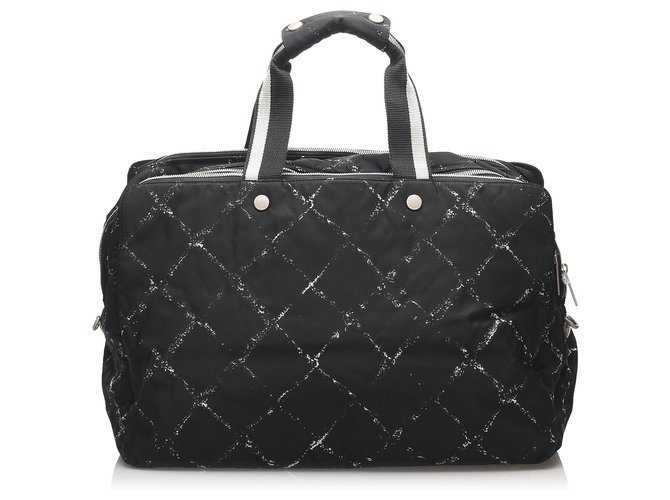 Chanel Black Old Travel Line Nylon Travel Bag White Cloth  ref.234346