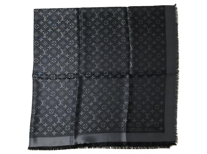 Scialle Louis Vuitton Shine Nero Schwarz Seide Polyester Wolle Viskose  ref.234425