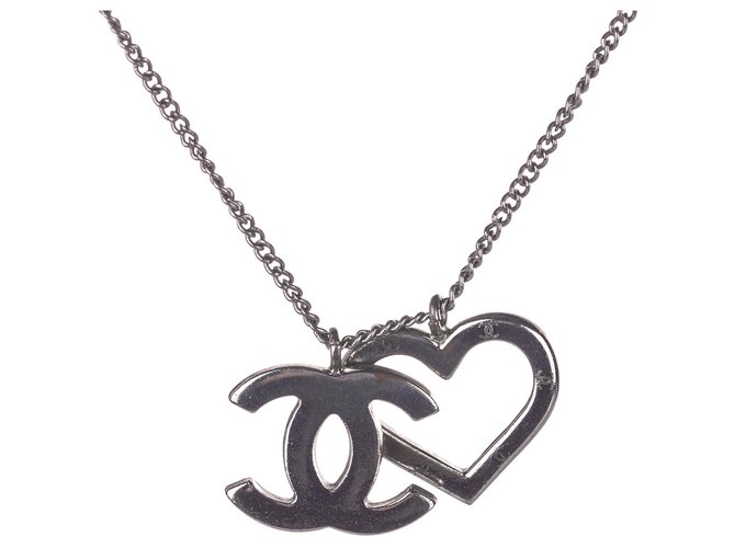 Chanel Silver CC Heart Pendant Necklace Silvery Metal  ref.234729