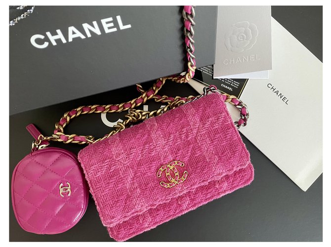 Wallet On Chain Chanel Woc avec sac à main amovible Tweed Rose  ref.234976