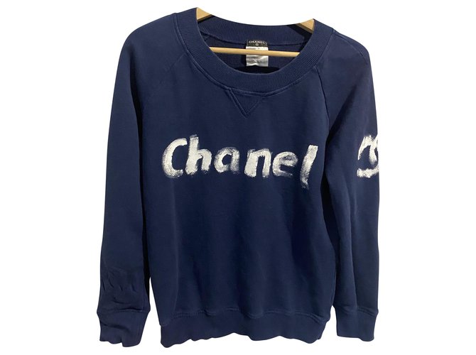 Chanel Maglieria Bianco Blu navy Cotone  ref.235007