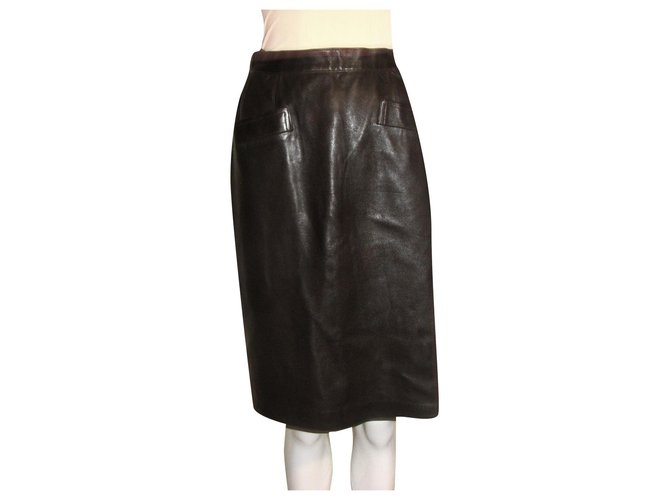 Falda de cuero Vintage Saint Laurent Rive Gauche Marrón oscuro  ref.235384