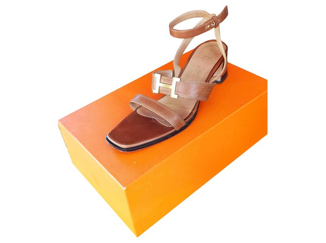 Sandales H Hermès Cuir Marron Doré  ref.235523