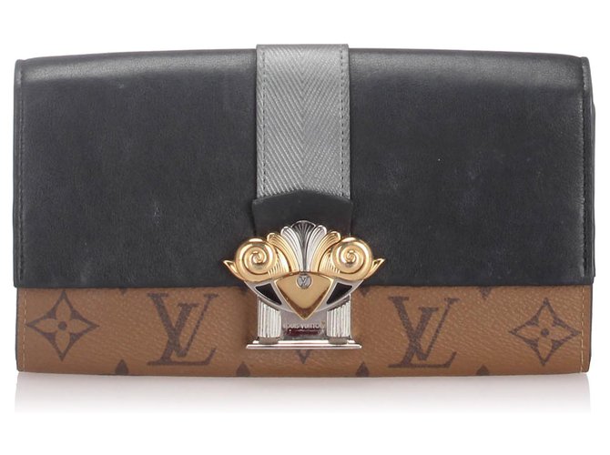 Portefeuille Long Louis Vuitton Marron Monogram Reverse Sarah Column Cuir Toile Veau façon poulain Noir  ref.235651