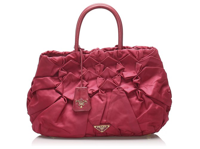 Prada Red Ruffled Tessuto Handbag Leather Pony-style calfskin Nylon Cloth  ref.235662 - Joli Closet