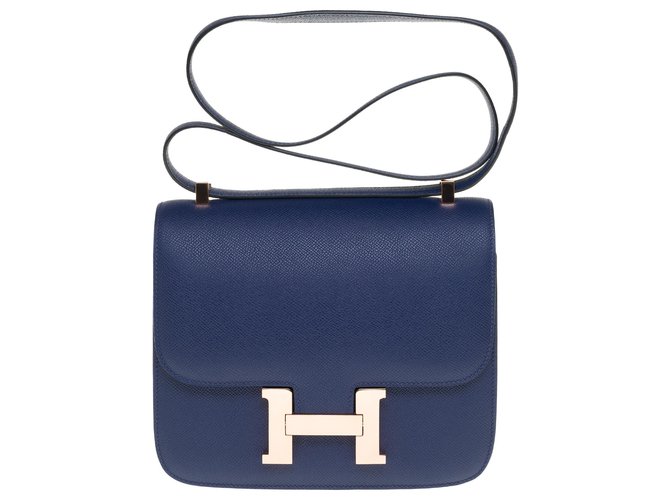 Exceptionnel sac à main Hermès Constance 23 en cuir epsom bleu saphir, garniture en métal plaqué en or rose, en excellent état !  ref.235684